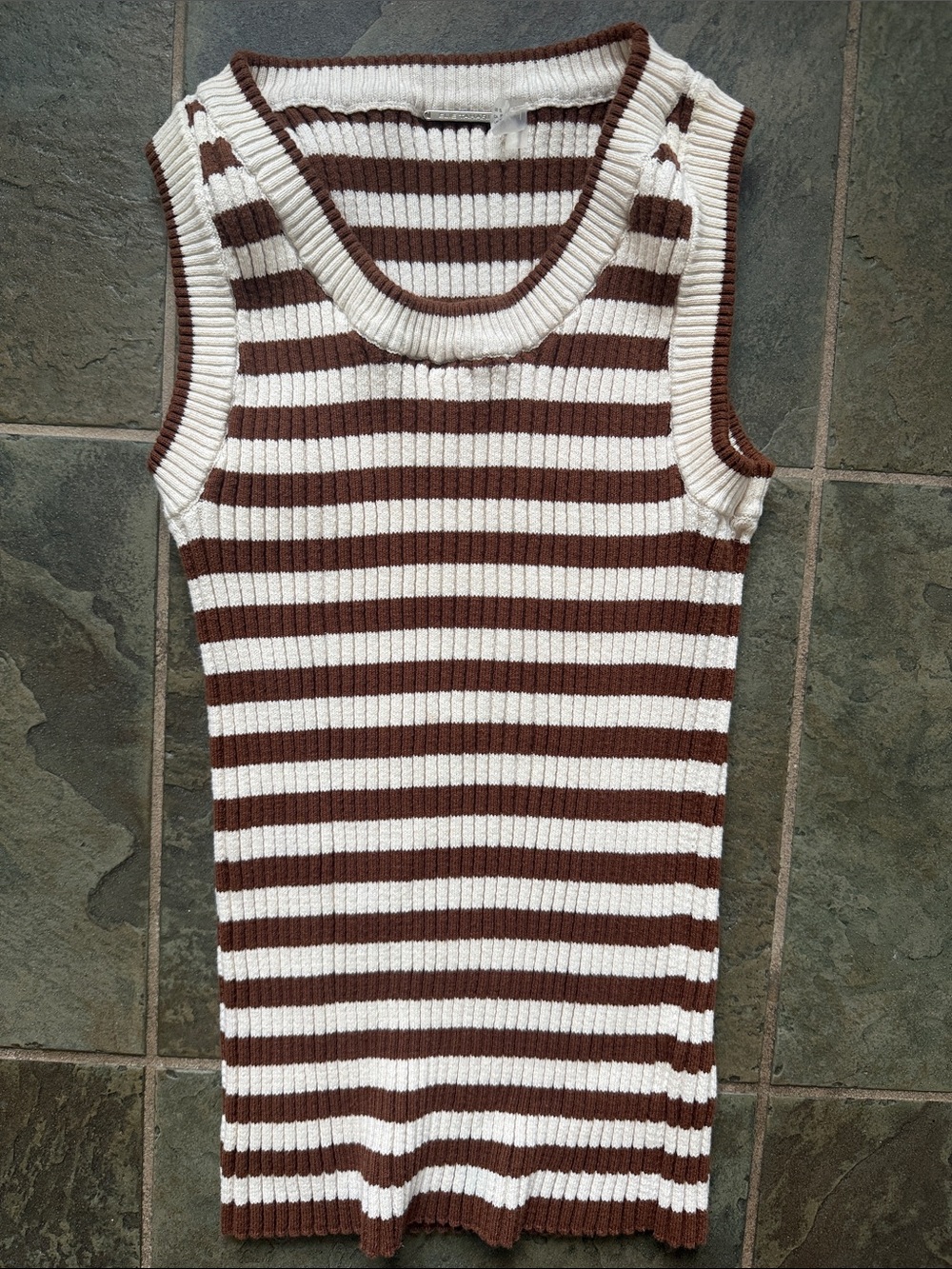 Elie Tahari Brown and Cream Striped Ribbed Tank small